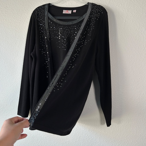 Quacker Factory plus size 1X tank cardigan duet black sequin trim cotton blend - Picture 5 of 11